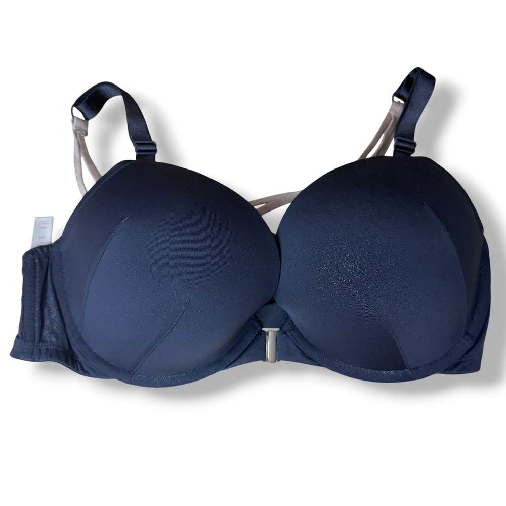 Cacique Boost Plunge Bra 40D Navy Blue Shimmer Underwire Front Close Convertible